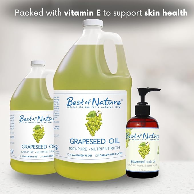 Best of Nature 100% Pure Grapeseed Massage & Body Oil, Unscented Lightweight Non-Greasy Moisturizer for Hair, Skin, Face, & Aromatherapy Carrier Oil for Essential Oils, 8 oz.