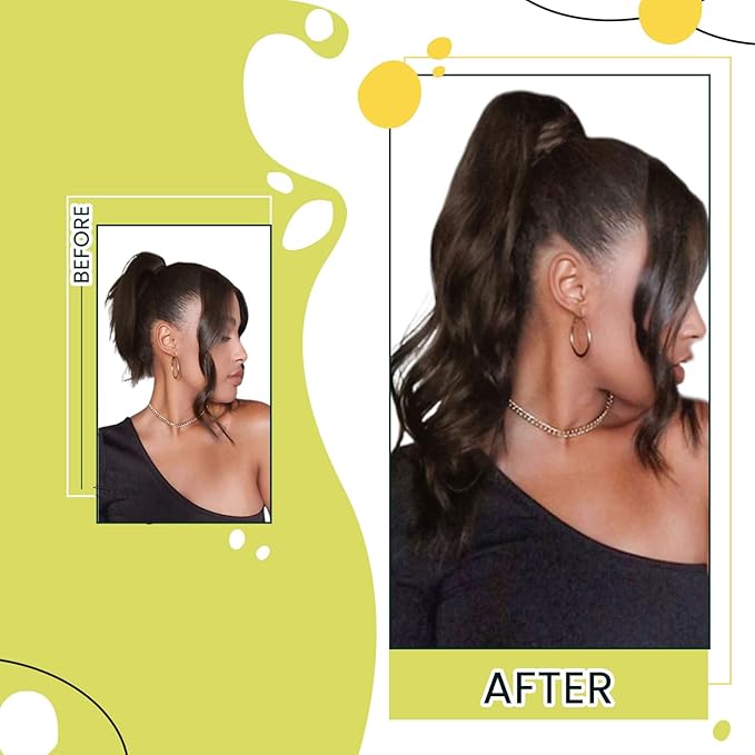 RUNATURE Brown Human Hair Ponytail Extension Straight Ponytail Hair Extensions Human Hair Dark Brown Ponytail Human Hair Extensions Short Wrap Around Ponytail Extension Remy Hair 14 Inch 70g