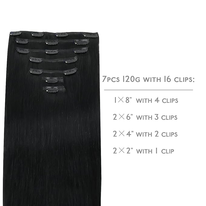 WENNALIFE Clip in Hair Extensions Real Human Hair, 24 Inch 140g 7pcs Remy Hair, Jet Black Straight Natural Extensiones De Cabello Humano Con Clip Ins