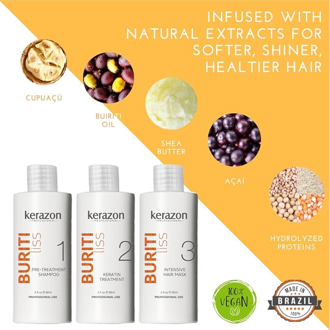 KERAZON Brazilian Keratin Treatment Buriti Liss Kit 2oz/60ml - At Home Keratin Treatment Smoothing and Straightening - Keratina para Alisar el Pelo - For All Hair Types