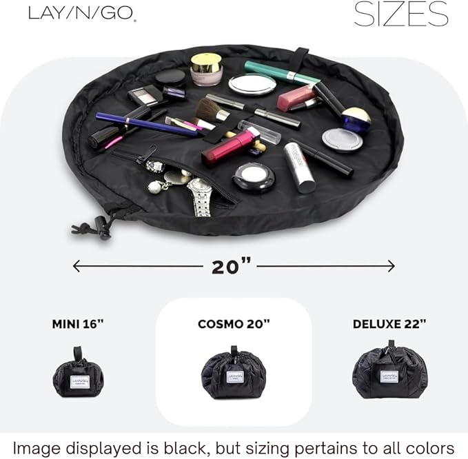 Lay-n-Go Cosmo Layflat Drawstring Cosmetic & Makeup Bag Organizer - Portable Drawstring Bag w/Zipper Pocket, Makeup Loops & More - Durable, Machine Washable Costmeic Bag for Travel (20", Elephants)