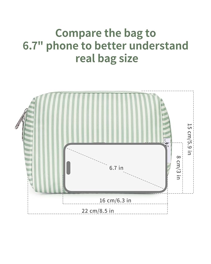 Narwey Striped Makeup Bag Travel Cosmetic Bag Organizer Toiletry Bag Make Up Bags with Compartments for Women Girls (Large, Mint Green Stripe)
