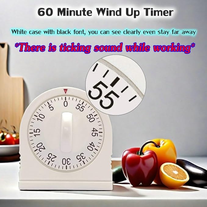 60 Minute Wind Up Timer, Visual Mechanical Timer with Loud Alarm, Manual Countdown Timers for Classroom, Home, Study and Cooking (White)