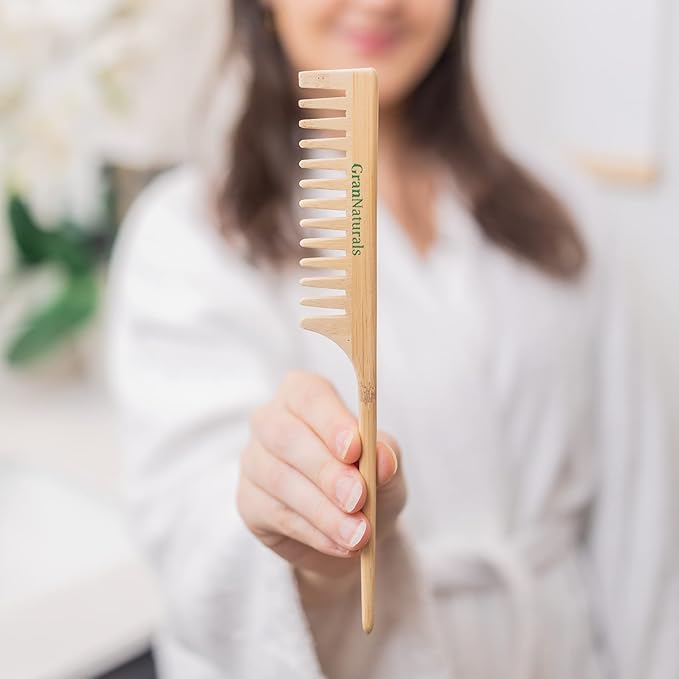 GranNaturals Wide Tooth Wooden Rat Tail Comb - Hair Tool for Teasing Strands & Post Styling - Peach Rattail Wood Pick Handle for Sectioning & Parting - Perfect for Professional & Personal Use