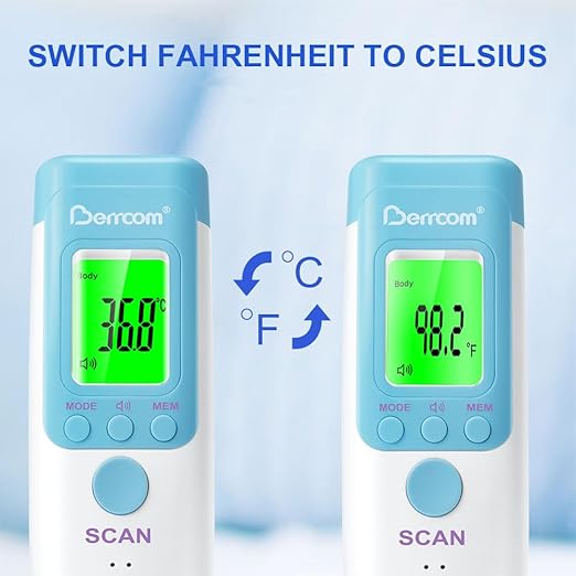 Berrcom Forehead Thermometer for Adults and Kids, Non-Contact Infrared Digital Thermometers for Fever, Room, and Object, Touchless Temperature Gun with Fever Alert