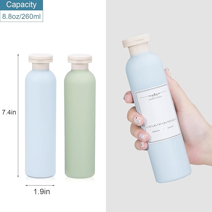 8.8 oz Plastic Travel Shampoo Bottles, Refillable Flip Cap Squeeze Bottles for Toiletries, Large Leakage-proof Travel Shampoo and Conditioner Container (Blue and Green)