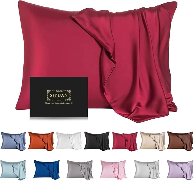 Mulberry Silk Pillowcase for Hair and Skin,Standard Size Cooling Silk Pillow Case with Hidden Zipper,Allergen Proof Dual Sides Soft Breathable Smooth Silk Pillow Cover for Women(Standard,Dark Red)