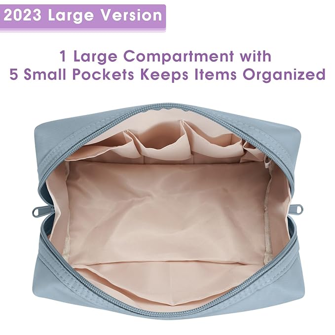 Narwey Cute Makeup Bag Travel Cosmetic Bag Organizer Toiletry Bag Make Up Bags with Compartments for Women Girls (Large, Greyish Blue)