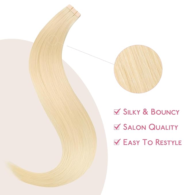 WENNALIFE Tape in Hair Extensions Human Hair Platinum Blonde Tape in Extensions, 10pcs 20g 12 inch Remy Invisible Tape Ins Straight Soft Real Human Hair Tape in Extensions Refill Set Extensions