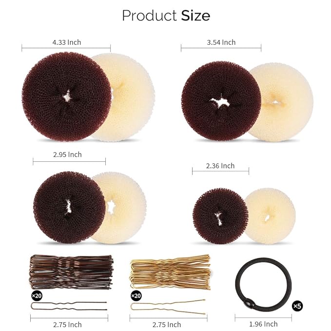 FANDAMEI Hair Bun Maker Set, Donut Bun Maker Set With 4pcs Dark Brown &4pcs Beige(2 extra-large,2 large,2 medium and 2 small), 5 pieces Hair Elastic Bands, 40 pieces Hair Bobby Pins (Brown and Gold)