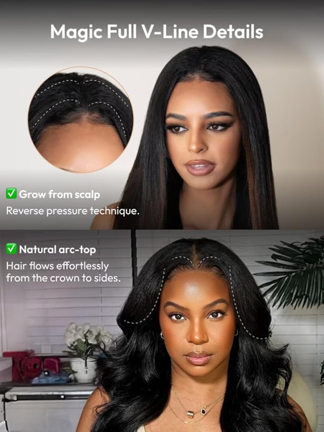 KLAIYI EasiContour V Part Wig Human Hair Body Wave Glueless Upgrade U Part Wig No Leave Out No Gel Clip in Half Wig V Shape Pull and Go Beginner Friendly Ready to Wear Natural Black Color 150% 24Inch