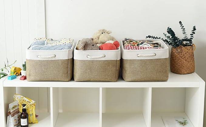 TheWarmHome Organization and Storage Basket for Organizing - X Large - 3 Pack 17.7L×13.8W×9.8H in Collapsible Storage Bin for Shelves, Fabric Basket for Gifts Organizer Toy Closet (White & Khaki)