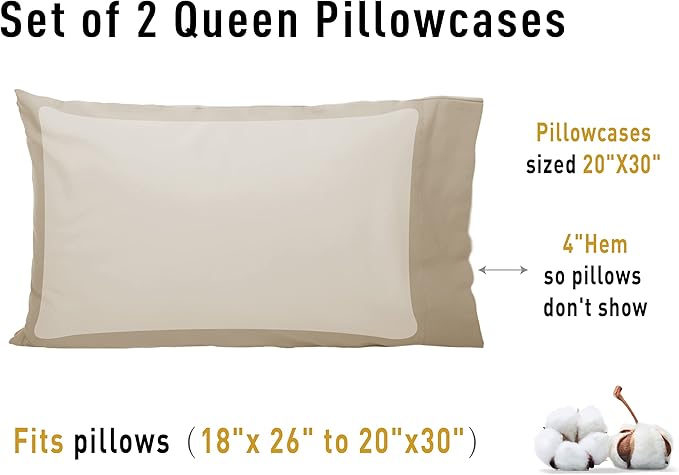 Sunflower Queen Pillowcases Set of 2, 100% Cotton Queen Size Pillow Cases 2, 20×30 inches Light Brown, Soft and Breathable