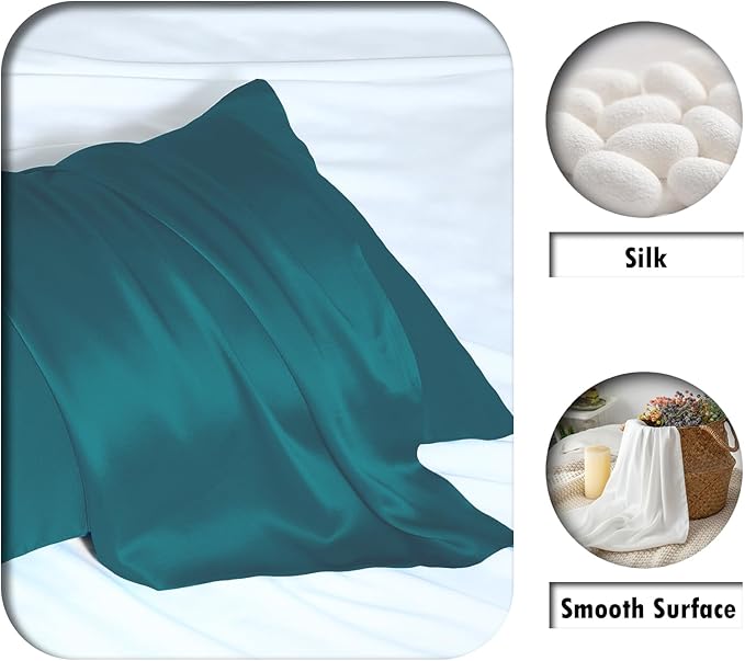 Silk Pillow Cases 2 Pack Soft Breathable and Sliky King Size Pillow Cases Set of 2,Natural Mulberry Satin Silk Pillowcase with Hidden Zipper for Hair and Skin (Teal,20"X 36",2pcs)
