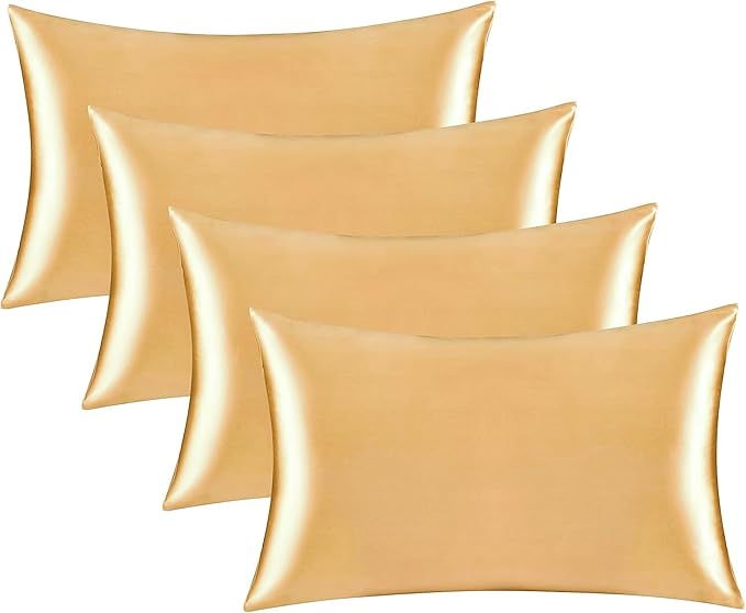 Satin Silk Pillowcase for Hair and Skin, Black Pillow Cases Standard Size Set of 4 Pack Super Soft Pillow Case with Zipper Closure (Champange, Queen(4 Pack))