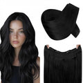 RUNATURE Short Wire Hair Extensions Real Human Hair Invisible Wire Hair Extensions Black One Piece 12 Inch 70g Seamless Fish Line Hairpiece #1 Jet Black
