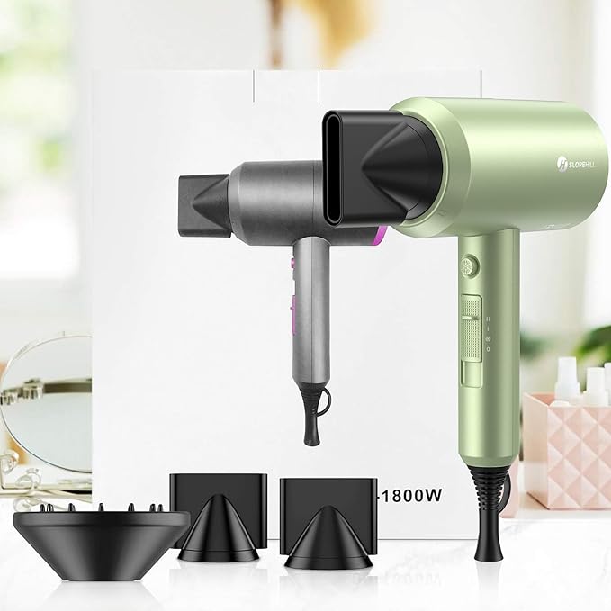 slopehill Professional Ionic Hair Dryer, Powerful 1800W Fast Drying Low Noise Blow Dryer with 2 Concentrator Nozzle 1 Diffuser Attachments for Home Salon Travel (Lime Cream)