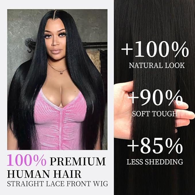28 Inch Straight Wigs Human Hair Can Last 6-9 Months 200 Density HD Lace Front Wigs Human Hair 13x6 Real Virgin Human Wig Pre Plucked Tangle-Free Natural Black for Women