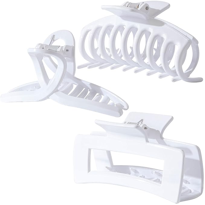 Solid White Large Hair Claw Clips for Thick/Fine/Thin Hair,Strong holding teeth interlocking Women Jaw Clips for Hair 3 Count In set(White)
