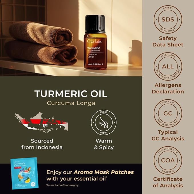 Gya Labs Turmeric Essential Oil - 0.34 Fl Oz - for Hair, Skin, Diffuser, Aromatherapy & DIY Candle Making Scent