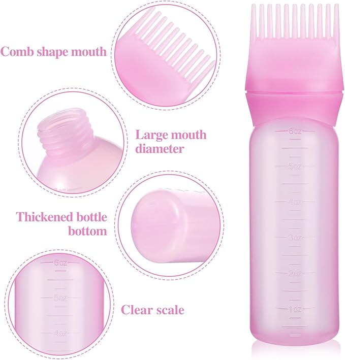 Pimoys 2 Pack Root Comb Applicator Bottle, 6 Ounce Oil Applicator for Hair Dye, Hair Oiling Applicator Hair Coloring Brush Bottle with Graduated Scale