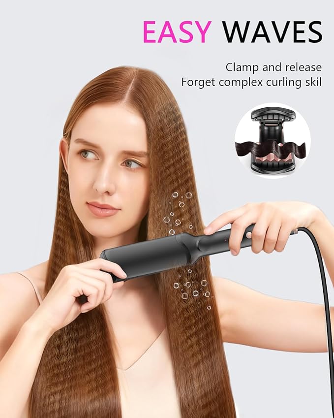 Hair Crimper Waver, Professional Hair Straightener Beach Waves Curling with 4 Interchangeable Ceramic Plates | Auto Temp Control for All Hair Types | Quick Heat Wide Plate Styling Tool & Straightener
