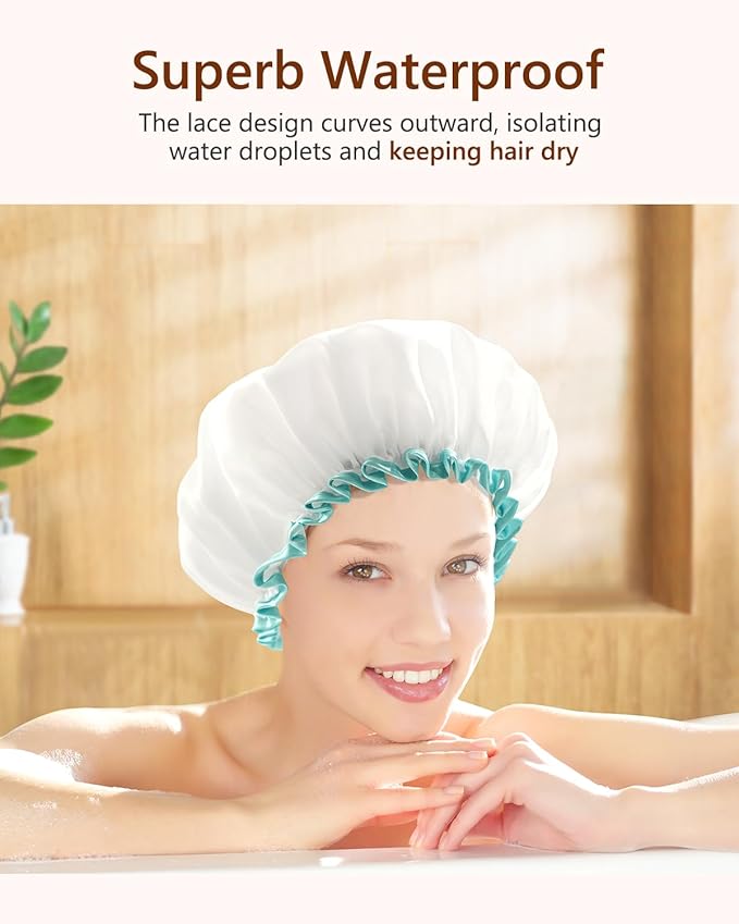 mikimini White Shower Cap for Long Hair 1 Pack, 12 inch large size,Waterproof Washable Hair Caps for Women and Girls, Super Cute and Extra Large