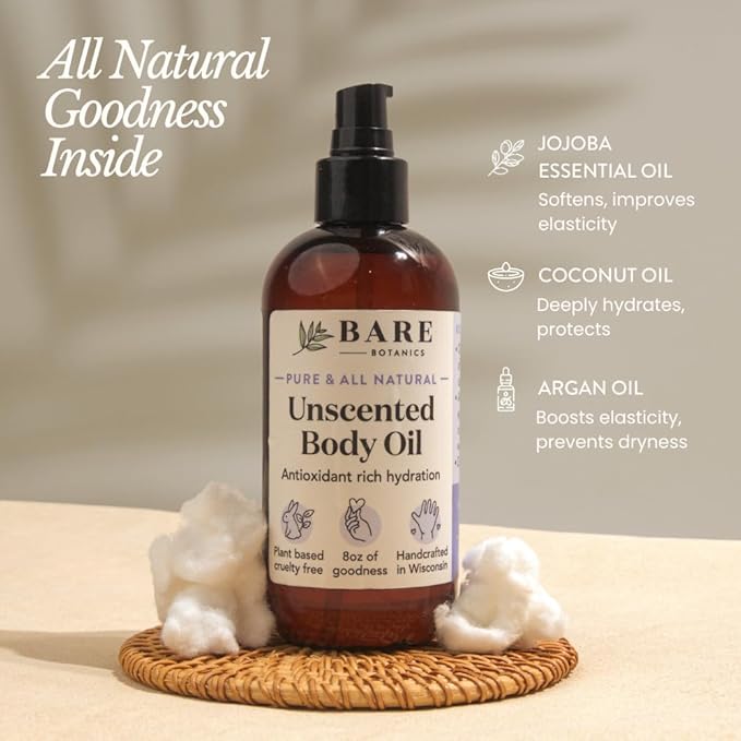 BARE BOTANICS 8 oz Moisturizing Unscented Body Oil - 100% Pure & Natural for Skin & Nails - Perfect for Moisturization - Vegan, Cruelty Free & Naturally Scented Hair Oil