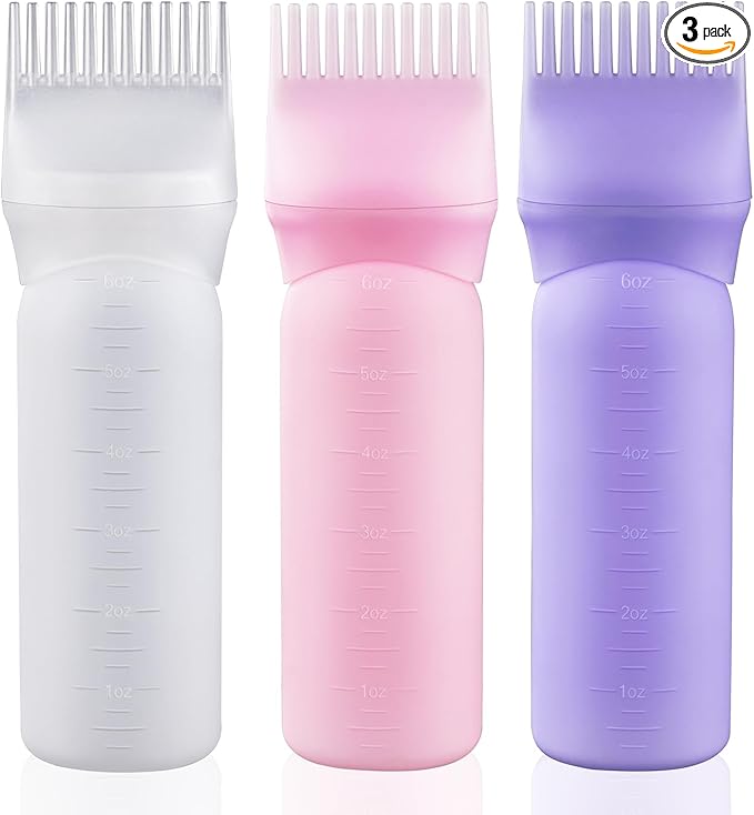 Cosywell Root Comb Applicator Bottle 6 Ounce Hair Dye Applicator Brush 3 Pack for Hair Root Comb Color with Graduated Scale(Pink White Purple)