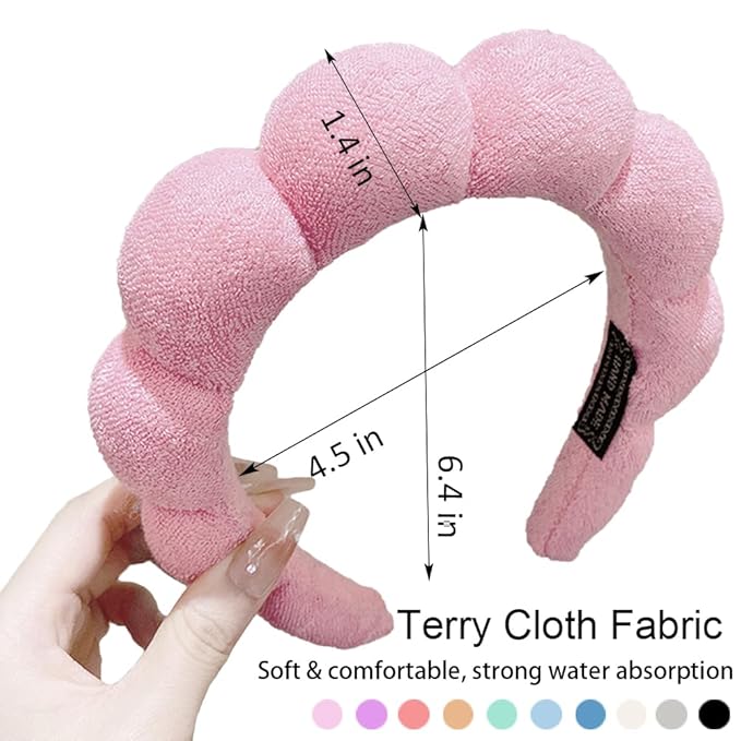 Spa Headbands for Washing Face or Makeup, Sponge Bubble Skincare Headbands, Puffy Terry Cloth Hairband for Women, Skin Care Makeup Headwear Hair Accessories for Girls(Pink)