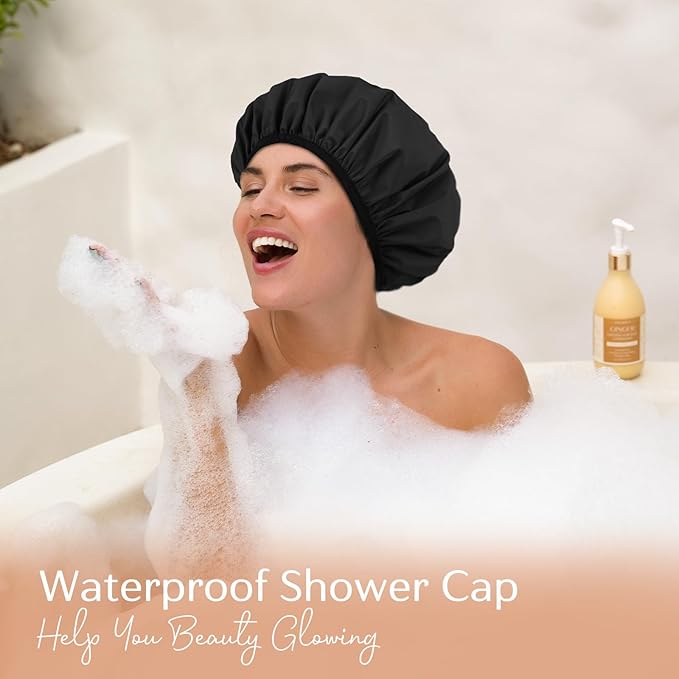 Yanibest Shower Cap Reusable Waterproof - Double Layer Shower Caps for Women, Washable Shower Bonnet with Soft Non-Slip Elastic Band, Bath Hair Hat for Most Hair Types