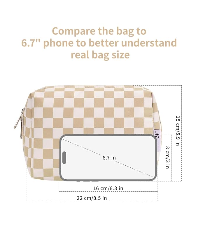 Narwey Checkered Makeup Bag Travel Cosmetic Bag Organizer Toiletry Bag Make Up Bags with Compartments for Women Girls (Large, Light Checkerboard)