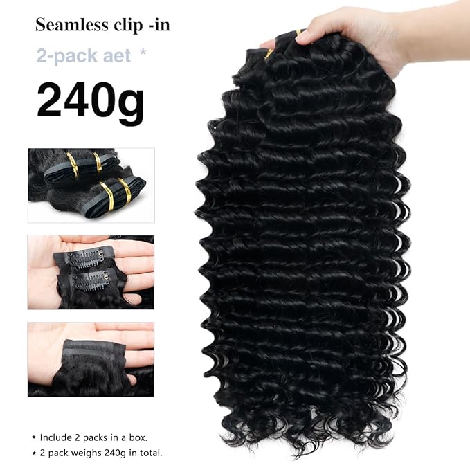 Deep Wave Clip in Hair Extensions Real Human Hair 2 Pack 240g Seamless Clip in Hair Extensions for Women Full Max with 16Pcs Remy Natural Human Hair PU Skin Weft 20inch Natural Black