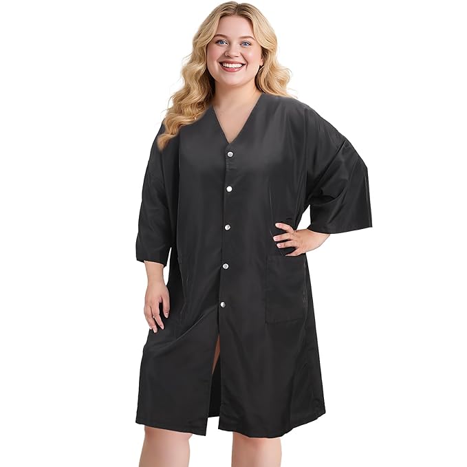 Noverlife Hair Salon Smocks Cape for Clients, Plus Size Salon Client Gown Robes Cape with 2 Pockets & Adjustable Tie, Waterproof Salons Robes Smock, Hair Stylist Dog Grooming Smock (43'' Long, Black)