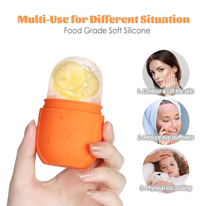 Ice Roller for Face and Eye, Gua Sha Facial Tools ,Puffiness Relief Ice Roller Skin Care ,Ice Facial Cube, Neck Massage, Silicone Ice Mold for Face Beauty,Self Care Gifts for Women ( Orange)