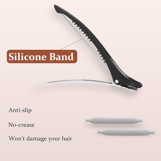 AIMIKE 6pcs Professional Hair Clips for Styling Sectioning, Non Slip No-Trace Duck Billed Hair Clips with Silicone Band, Salon and Home Hair Cutting Clips for Hairdresser, Women, Men - Black 4.3” Long