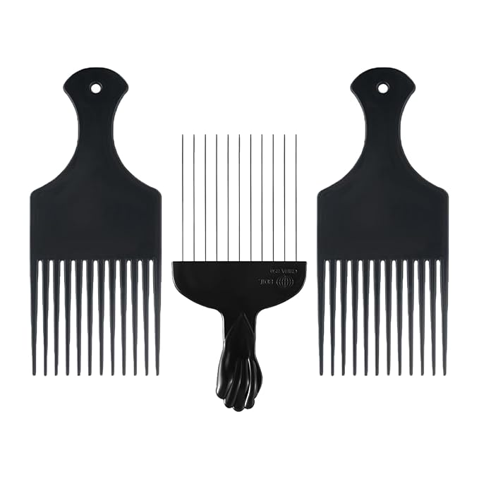 3 Pack Plastic & Metal Hair Pick Comb Set for Curly & Afro Hair – Detangling & Styling for Men & Women – Includes 2 Plastic Picks and 1 Stainless Steel Metal Pick