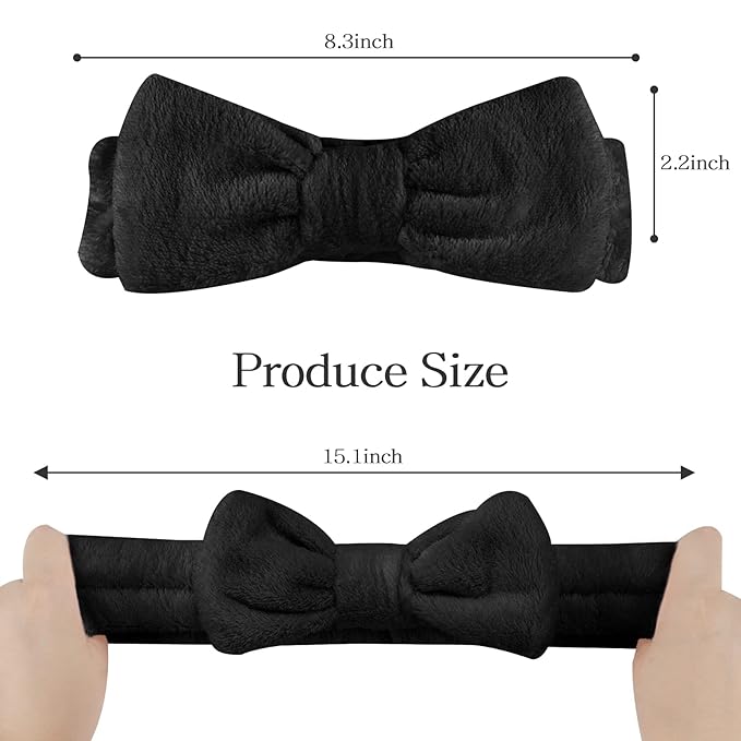 Casoty 6 Pcs Black Spa Headband, Bow Hair Band, Hair Band for Washing Face, Fuzzy Headbands for Women Girls, Soft Coral Fleece Skincare Headbands for Face Washing Shower Yoga