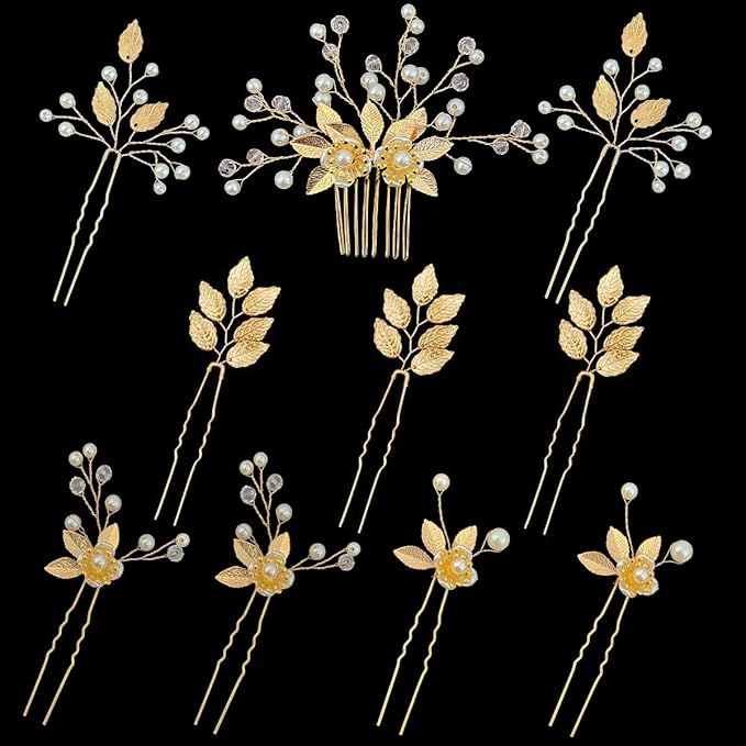 10 Pieces Gold Leaf Bridal Hair Pins, Wedding Headpiece Hair Jewelry with Pearl Rhinestone Wedding Hair Accessories for Bride Bridesmaids Flower Girls(Flowers)