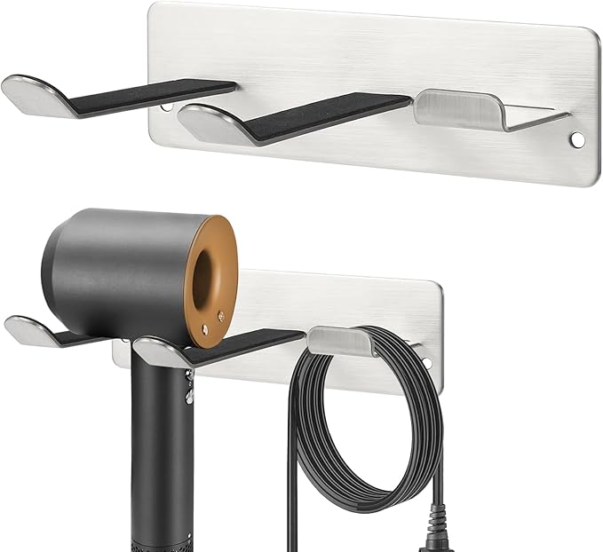 Hair Dryer Holder, Wall Mounted Rack Compatible with All Hair Dryer, Space Organizer for Bathroom/Bedroom/Washroom/Barbershop, 304 Stainless Steel, Self Adhesive (Silver)