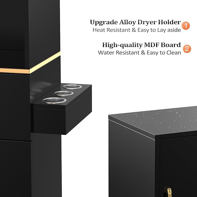 Salon Stations for Hair Stylist, Barber Station Hair Salon Station, Beauty Salon Spa Equipment with 2 Drawers, 2 Storage Cabinet, 6 Hair Dryer Holders for Hair Styling, Black Gold