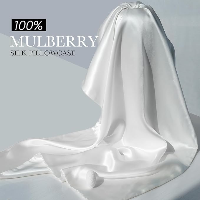 100% Mulberry Silk Pillowcase for Hair and Skin, 22 Momme Pure Natural Silk Pillow Case Both Sided with Zipper, Pillow Cover for Women Mom Men (White, Standard 20''×26'', 1 Pack)