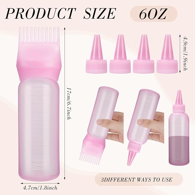 Pimoys Hair Oil Applicator Bottles Dye Brush for Women Scalp, Hair Color Products Things with Root Comb, Pink 2 Pack