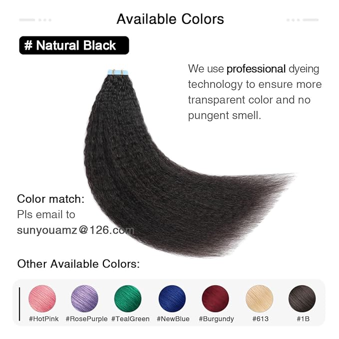 SUYYA Tape in Hair Extensions Human Hair Kinky Straight Tape in Extensions Natural Black 20 Inch Skin Weft 50g/Pack 20PCS Tape INS for Women (#1B Natural Black)