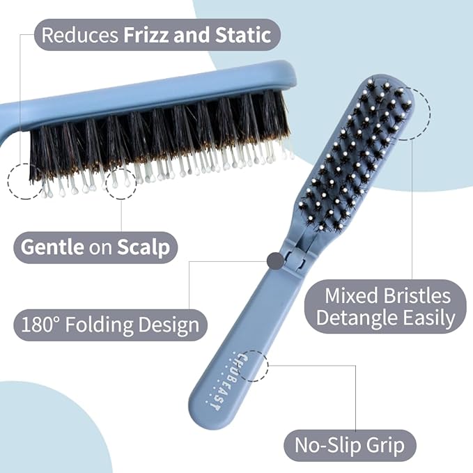 Uffy MiniPop Travel Hair Brush – Mini Folding Boar Bristles for Women, Men & Kids | Kid-Friendly Portable Purse Brush for Wet & Dry Hair, Curly or Straight | Pocket-Size Detangler – Lavender