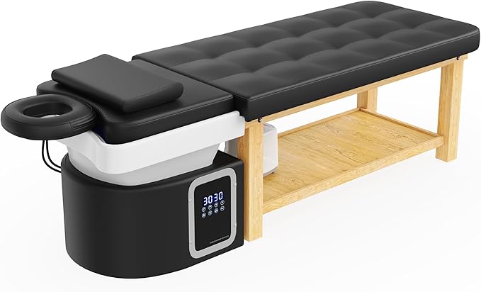 Hair Washing Head Spa Stationary Massage Table with Water Cycle & Fumigation Salon Equipment for Beauty Head Spa Physical Therapy Massage, Wood Frame, PU Leather - Black