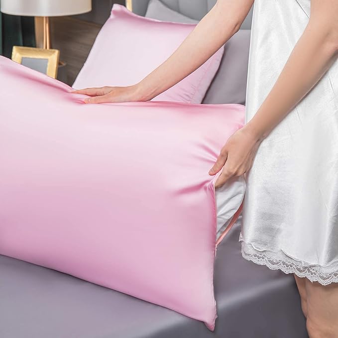 Mulberry Silk Pillowcase for Hair and Skin,Standard Size Cooling Silk Pillow Case with Hidden Zipper,Allergen Proof Dual Sides Soft Breathable Smooth Silk Pillow Cover for Women(Queen,Pink)