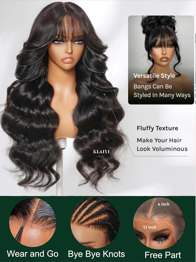KLAIYI Pre Everything Glueless 13x4 Lace Front Wigs Human Hair Loose Body Wave Bye Bye Knots Pre Cut Lace Pre Bleached Pre Plucked 30S Ready to Wear And Go Frontal Wig with Natural Curtain Bang 18Inch