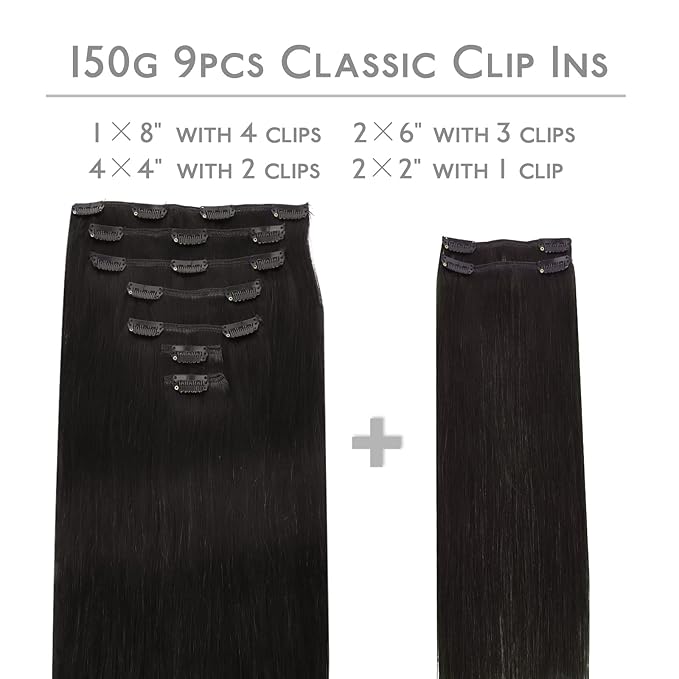 WENNALIFE Clip in Hair Extensions, 150g 24 Inch 9pcs Natural Black Remy Hair Thicker Double Weft Extensiones De Cabello Humano Con Clip Ins Straight Full Volume