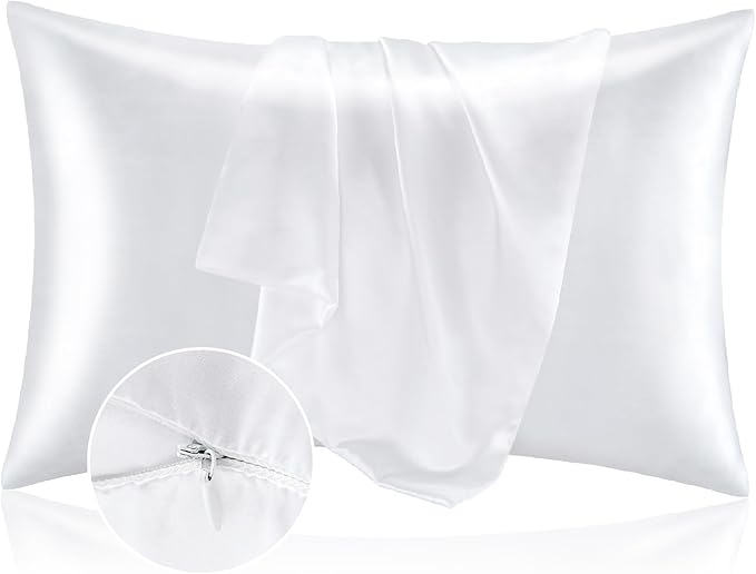 BEDELITE Satin Pillowcase with Zipper, White King Size Pillow Cases Set of 2, Super Soft and Cooling Similar to Silk Pillow Cases, Gift for Women Men(20x40 Inches)